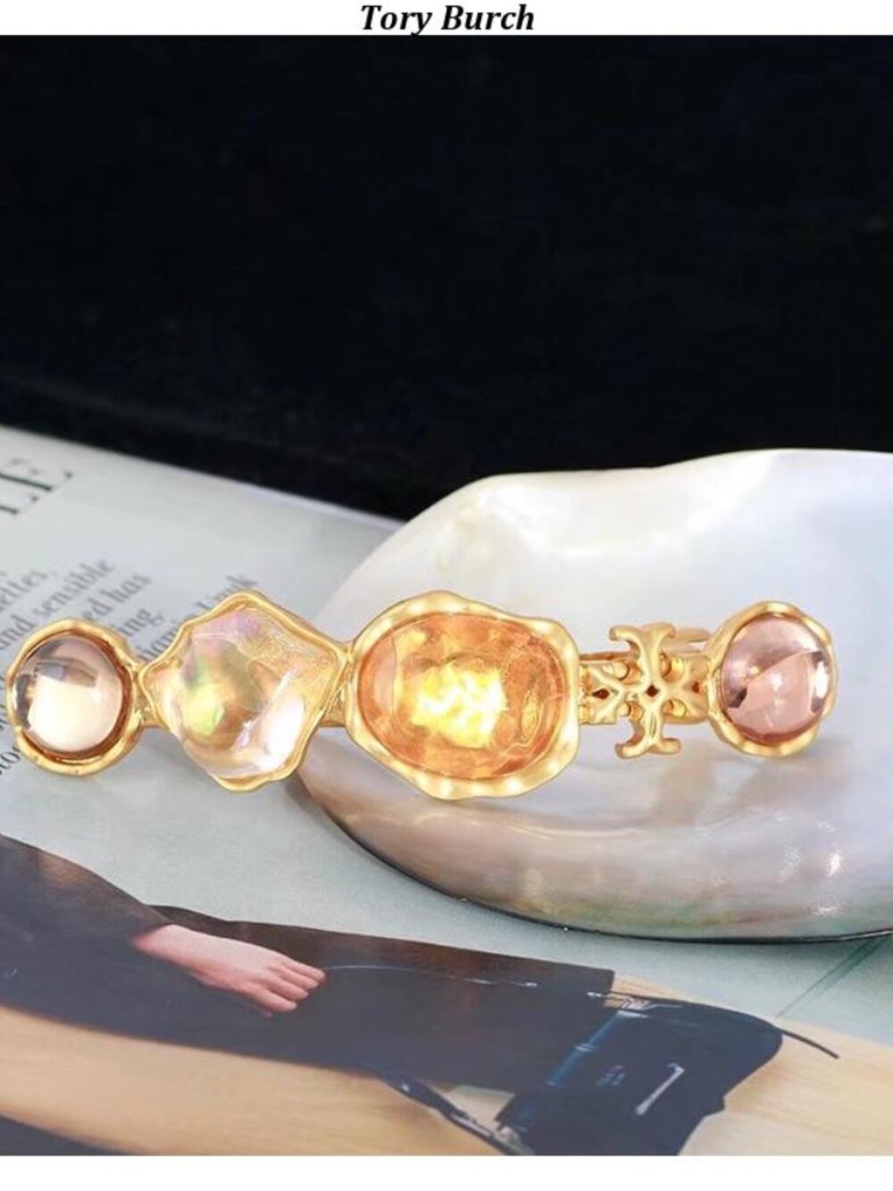 Tory Burch Gold Tone Brooch with Iridescent Pink and Pearl Accents